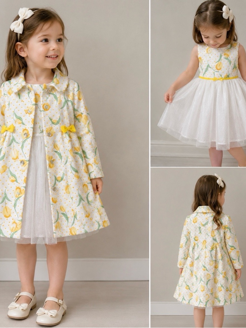 Nannette Baby Yellow Tulips Polka Dot Dress & Trench Coat Set Size 24M